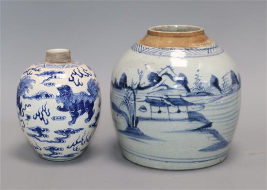 A Chinese blue and white lion-dog jar, Kangxi mark but late 19th century and a 19th century blue and white jar tallest 17cm, lacking